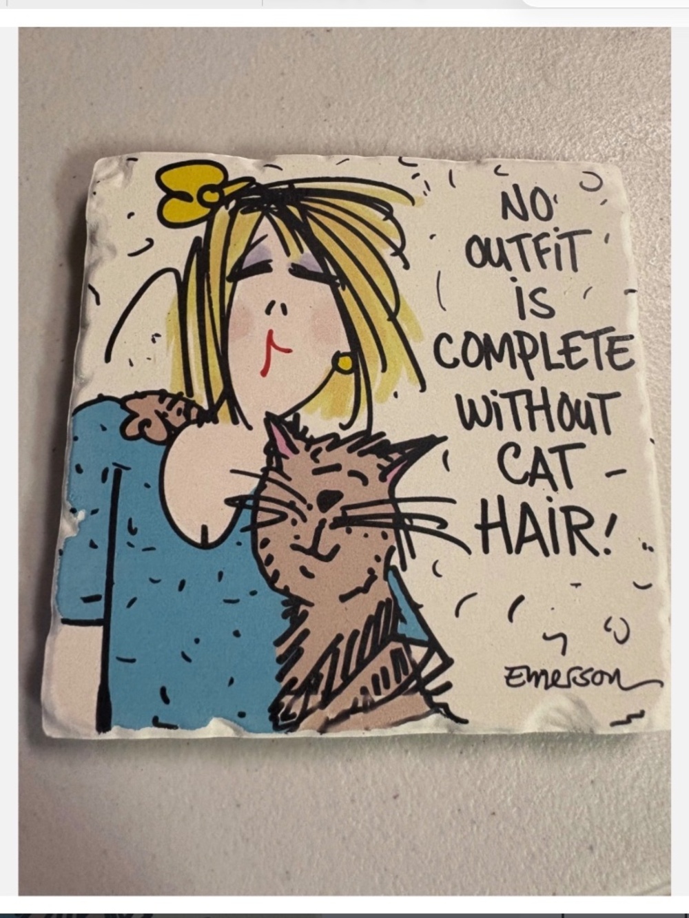 Tumbled Stone cat coaster “no outfit is complete without cat hair”